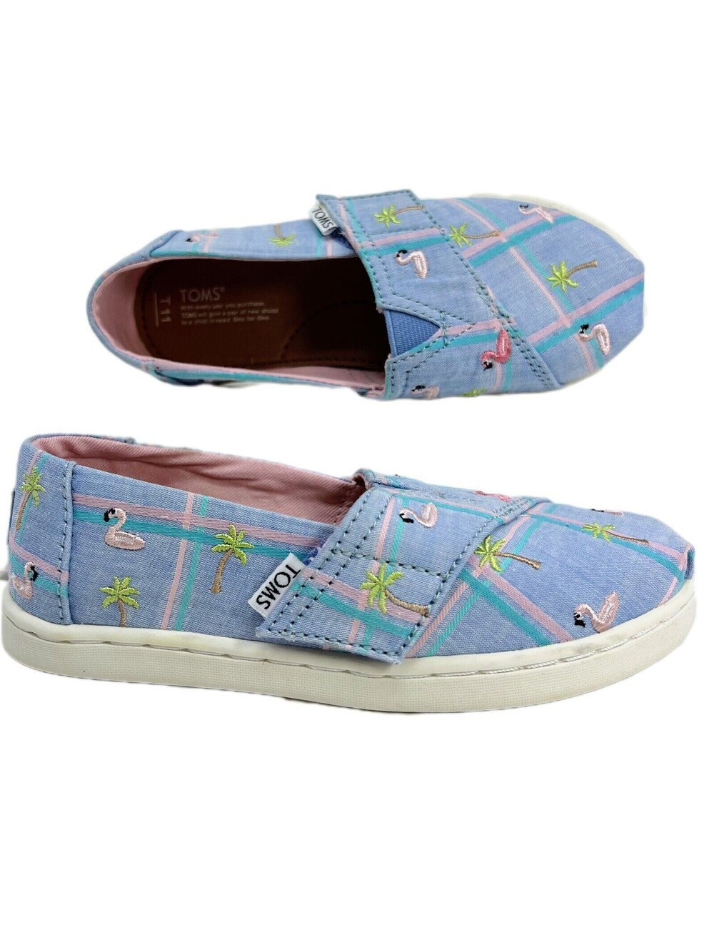 TOMS Toddler Tiny Belmont Slip on Shoes Size T11 Blue Pink Flamingo Plaid